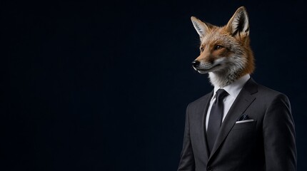 Naklejka premium Professional portrait of a dapper anthropogenic fox wearing a formal charcoal suit and a black tie