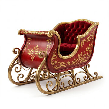 Ornate Red and Gold Santa's Sleigh with Red Velvet Interior Isolated on White Background