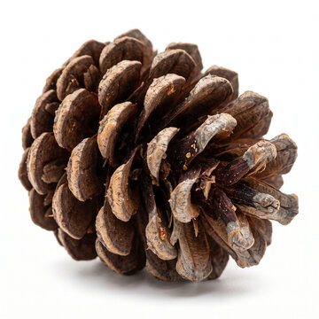 Single brown pine cone isolated on white background. Close-up of a dry conifer seed pod with open woody scales and natural resin perfect for nature winter or holiday designs.