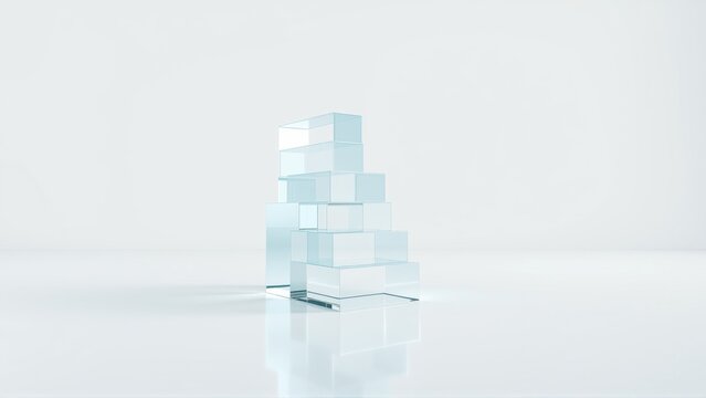 Glass cubes stacked, forming pyramid. Minimalist composition, bright studio lighting, clean reflection visible below structure.