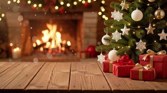 Cozy Christmas Fireplace Background with Rustic Wooden Table and Decorated Tree Loop for Holiday Product Display 3D Render
