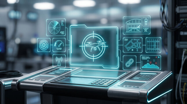 High-angle photorealistic shot of a futuristic autonomous airport hangar console with holographic security displays featuring a drone, tarmac layout, and radar monitoring