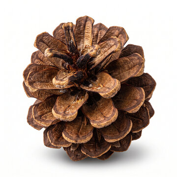 Natural brown pine cone isolated on white background, rustic pinecone macro photography, organic forest seed pod for winter decor