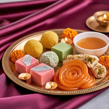 Assorted indian sweets on ornate brass platter with marigold flowers, tea bowl, and lit diyas against deep purple fabric background