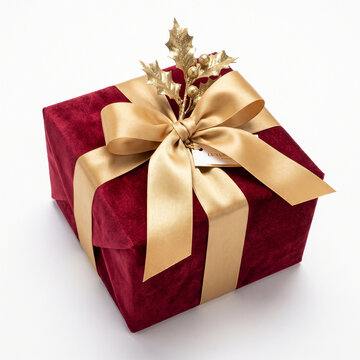 Luxury Red Velvet Gift Box Wrapped with Gold Satin Ribbon and Holiday Holly Decoration Isolated on White Background