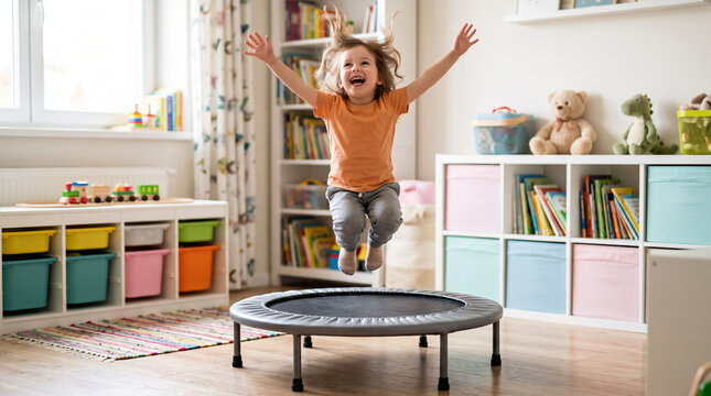 Child jumping on a trampoline indoors while smiling with joy  