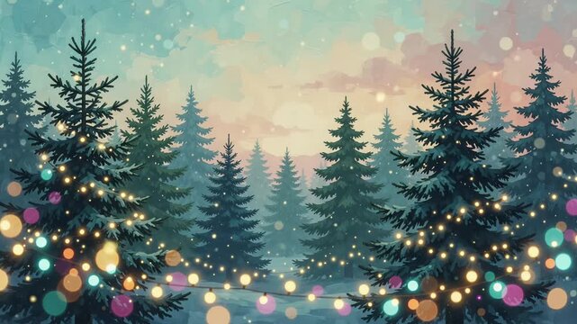 Festive Christmas pine forest with glowing colorful string lights and pastel sunset sky, winter holiday celebration animation loop
