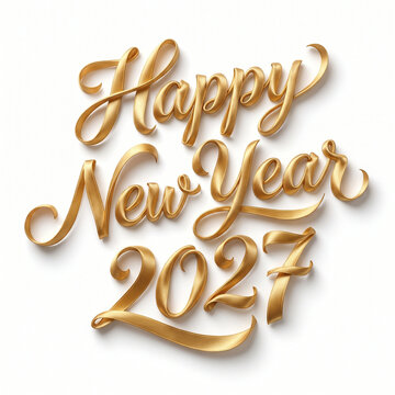 Elegant golden 3D Happy New Year 2027 script, luxury metallic ribbon lettering, festive holiday typography for seasonal celebrations and greeting cards