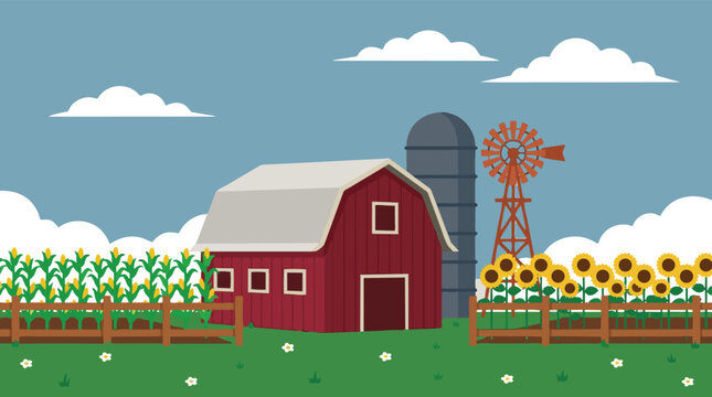 Colorful flat design farm landscape with barn, windmill, and fields