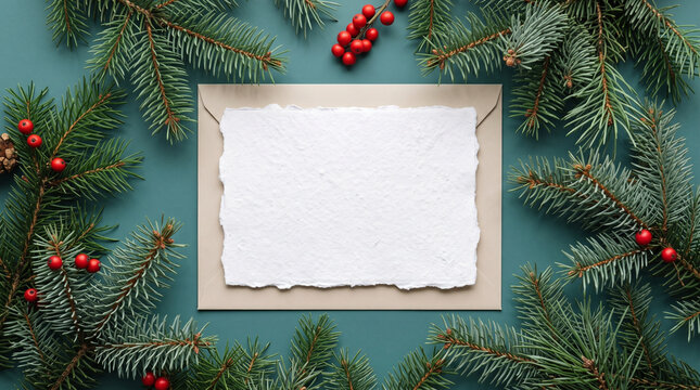 Blank paper card mockup on kraft envelope surrounded by evergreen pine branches and red berries on dark green background top view flat lay for holiday greeting card or invitation