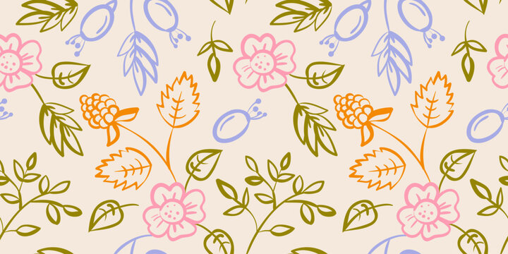 Floral botanical seamless pattern, hand drawn flowers, delicate leaves, berries, folk art doodles, olive color palette. Textile, wallpaper, gift wrapping, packaging, design. Vector illustration.