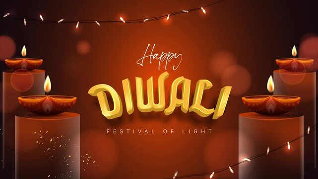Happy Diwali Festival of Lights Celebration with Glowing Oil Lamps and Warm Festive Lights 4K Motion Graphics Animation