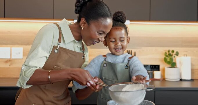 Mom, child and flour with sift in kitchen for baking ingredients, home recipe or bonding together. Mother, junior baker or teaching kid with bowl for dessert cuisine or learning culinary art in house
