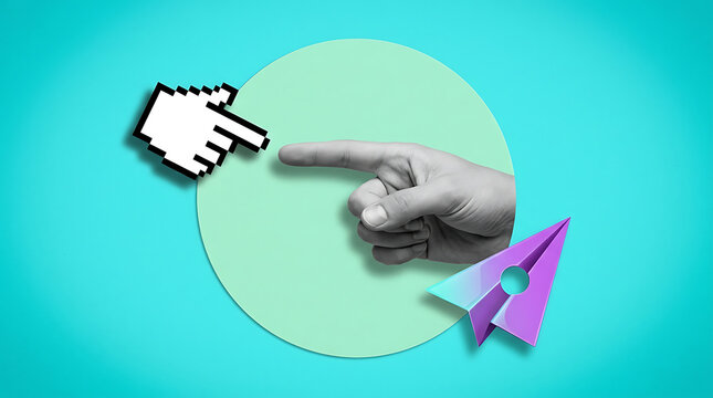A human hand and a computer cursor pointing towards a purple paper airplane icon