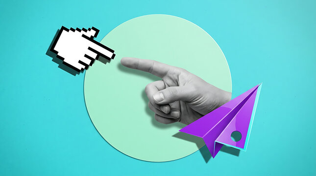 A human hand pointing towards a digital cursor and a purple paper plane icon design