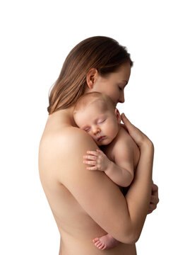Woman demonstrating kangaroo mother care holding a newborn baby to bare skin Caucasian