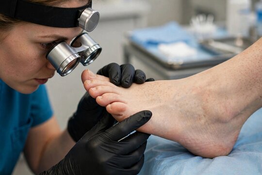 Podiatrist examining patient foot with magnifying loupe