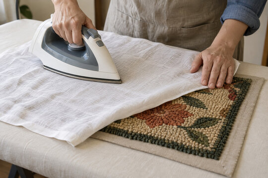 Pressing a hooked wool rug through a white cloth