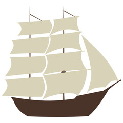 Sailboat glides on calm waters. Masts hold sails in soft, neutral tones. Brown hull contrasts with gentle white background. No crew, no waves, no motion. Ideal for travel, nautical © RyanRoy