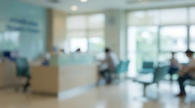 Abstract out of focus hospital reception and clinic waiting area, providing a professional and clean medical environment for healthcare concepts, clinics, and professional office backgrounds.