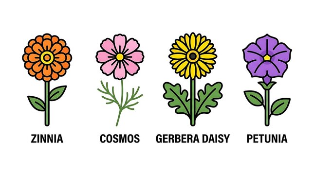 Collection of four popular garden flowers Zinnia Cosmos Gerbera Daisy and Petunia presented in a simple flat outline vector style perfect for botanical illustrations and educational content