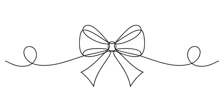 Continuous single line drawing of a decorative ribbon bow isolated on transparent background