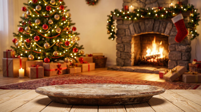 Empty rustic plate on wooden table with blurred cozy Christmas interior fireplace and decorated tree background for product display mockup
