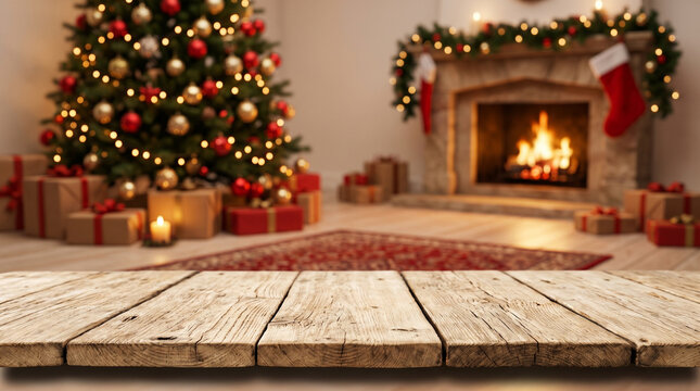 Empty rustic wooden tabletop with a blurred festive Christmas living room background featuring a decorated tree glowing fireplace and holiday gifts