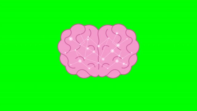 Six stylized pink brains featuring internal neural network patterns arranged in a grid on a bright green background. Ideal for educational science videos or mental health presentations.