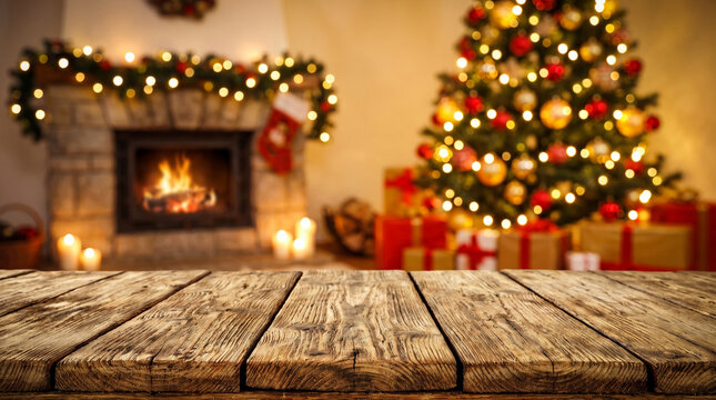 Rustic Wooden Table Top with Blurred Christmas Tree and Fireplace Background for Product Display