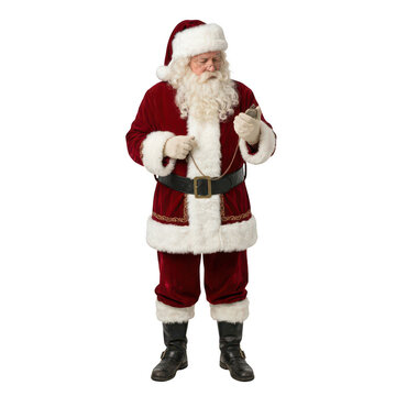 Santa claus looking at a pocket watch isolated on transparent background