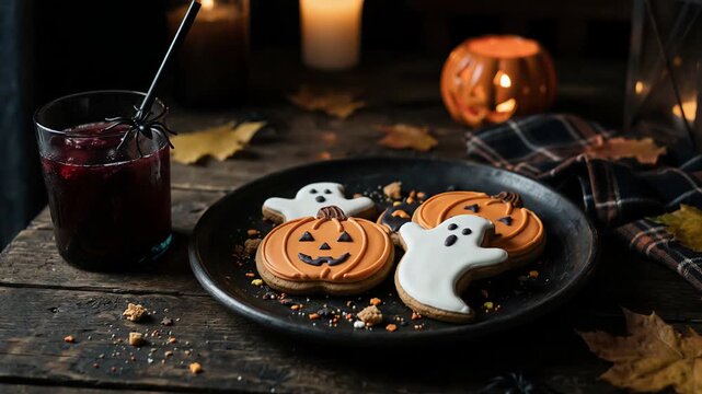 Halloween cookies and dark red drink on rustic table. Pumpkin and ghost iced treats with seasonal beverage. Halloween party refreshments. Autumn holiday food styling.