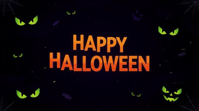 Animated halloween greeting with swirling patterns and glowing eyes on a dark background with halloween graphics text text festive seasonal