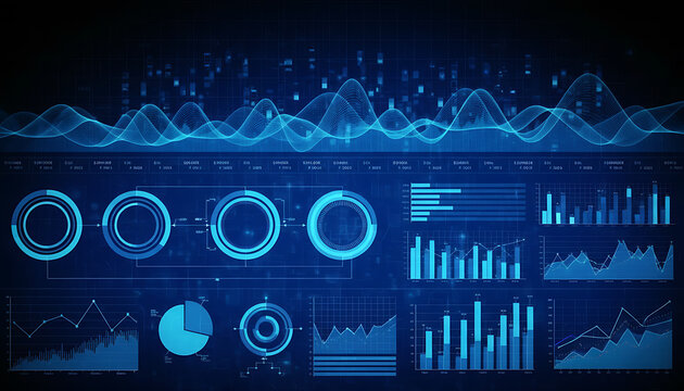 Abstract futuristic digital technology interface featuring blue charts graphs and data analysis visualization transparent background