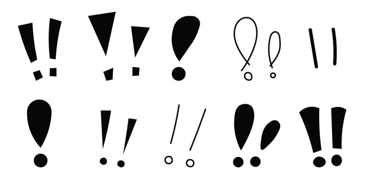Ten different exclamation marks: bold blocky pairs, tapered triangle drops, a single round dot version, thin double lines, loose scribbled loops and tilted comic style strokes. Hand drawn alert symbol