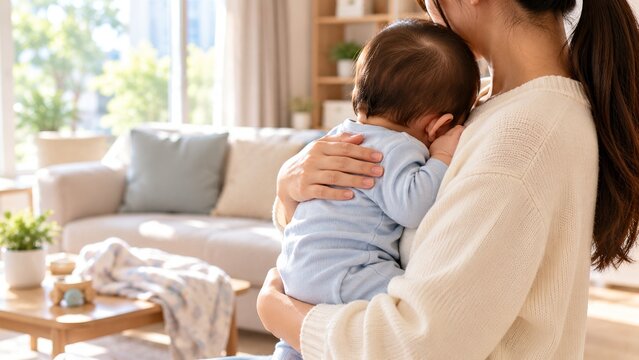 Teenage female babysitter gently holding a baby in a bright family living room, demonstrating infant care, nurturing support, responsible childcare, emotional comfort and trusted home babysitting.