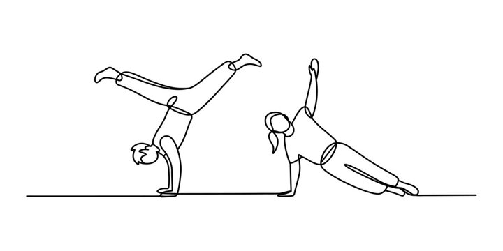 Continuous single line drawing of a man doing a handstand and a woman doing a side plank exercise for fitness