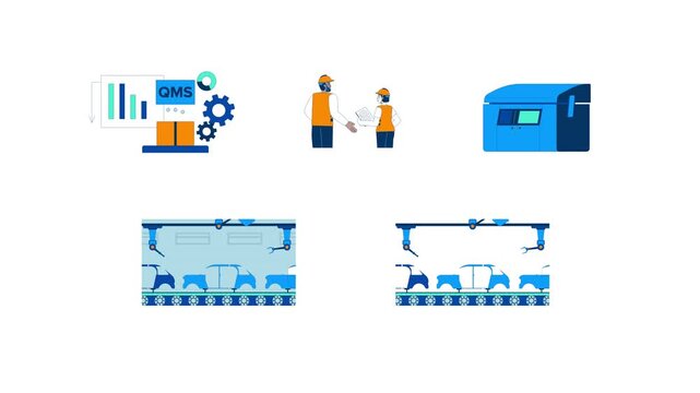 Quality management and automotive manufacturing cartoon animation pack. Factory machinery. Industrial inspection engineers animated flat 4K video collection isolated on transparent background