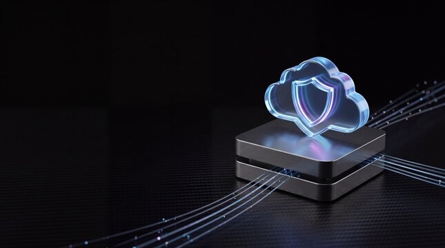 Cloud data protection icon with shield symbol on server base connected by fiber optic lines, digital security concept, cyber defense, information privacy, secure network