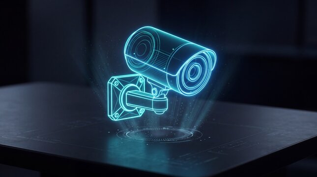 Clean futuristic smart home security camera digital twin hologram on interactive table