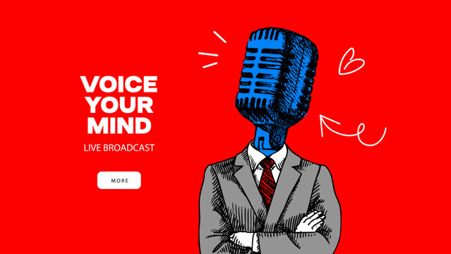 Podcast broadcast collage with hand draw speaker, vintage microphone, speech bubble, doodle elements. Social media concept. Vector isolated illustration.