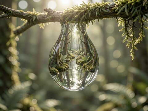 A giant crystal water drop hanging from a mossy tree branch reflecting a serene enchanted forest with a stream