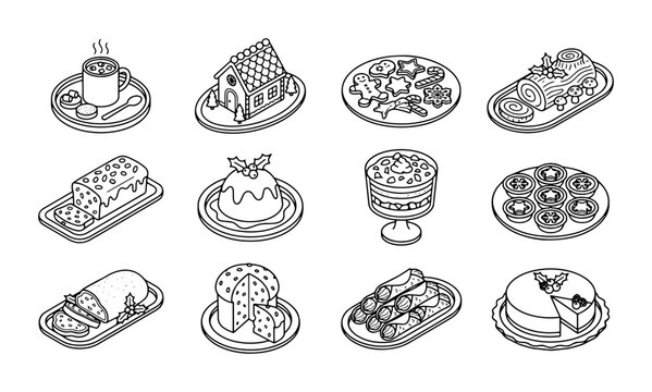 Dessert line icons set with gingerbread house, Yule log, cake, pudding, and hot chocolate for bakery and cafe