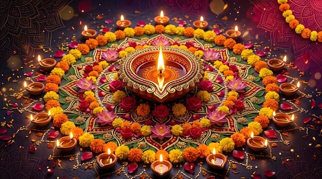 Beautiful Diwali Festival Celebration with Glowing Diya Lamps, Colorful Flowers and Traditional Rangoli Decoration