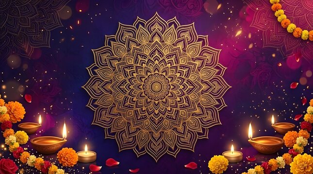 Luxury Golden Mandala Diwali Festival Background with Glowing Diyas, Marigold Flowers and Purple Floral Decoration
