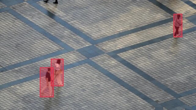 pedestrian area of chongqing with data and surveillance tracking graphics 