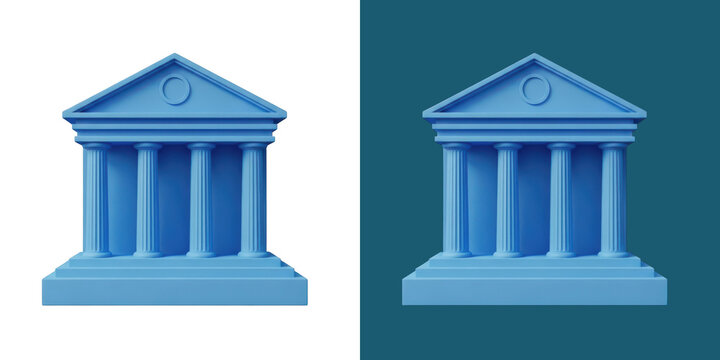 Blue bank building icon with pillars in a 3d minimal render style