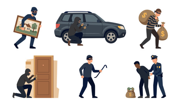 Cartoon thief and robber character vector illustration set featuring crime scene activities house burglary car theft money heist police arrest