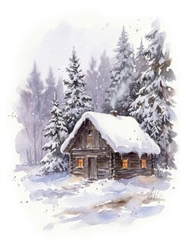 Watercolor snowy log cabin among frosted pine trees on white background, winter illustration. A small wooden hut with a heavy snow roof sits in a clearing, with tall spruces covered in snow and