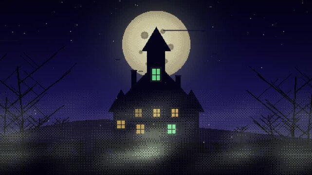 Pixel art haunted house or spooky mansion night landscape animation with full moon, fog, and bats